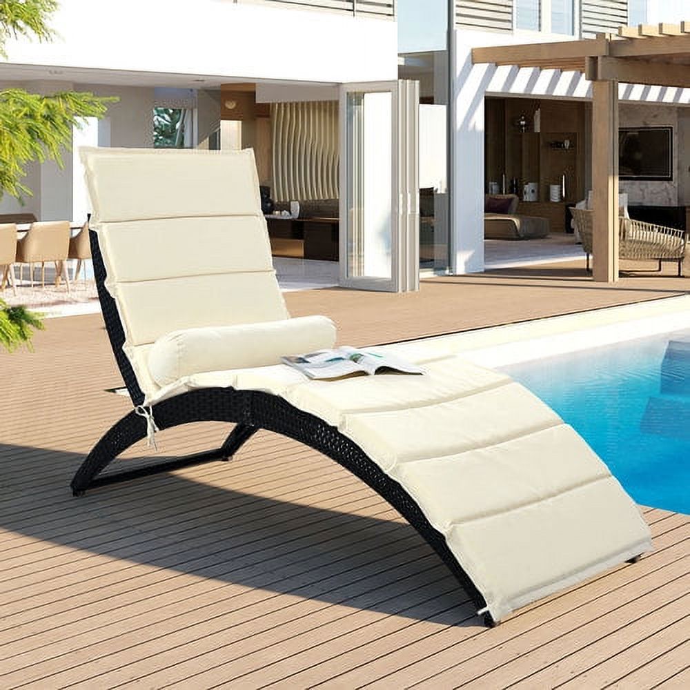 Patio Chaise Lounge Chair, Sun Lounger, PE Rattan Foldable Chaise Lounger with Removable Cushion and Bolster Pillow, Weather Cover, and Removable Cushion, Beige - image 2 of 7