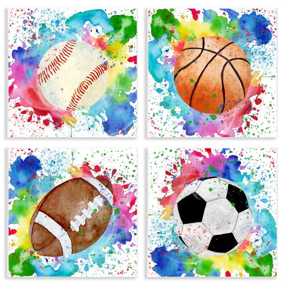 Stupell Industries Rainbow Splatter Baseball Sports & Sports Teams Painting Unframed Art Print Wall Art, 12 x 12, Set of 4
