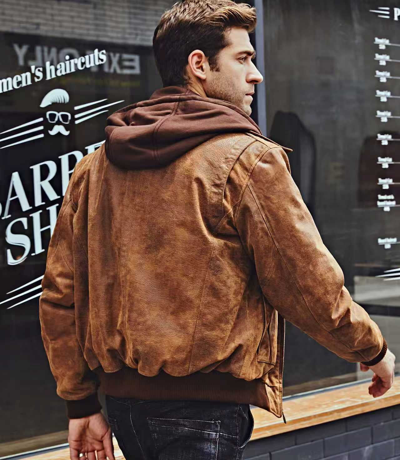 FLAVOR Men's Leather Flight Bomber Jacket Air Force Aviator (Medium, Brown with Hood)