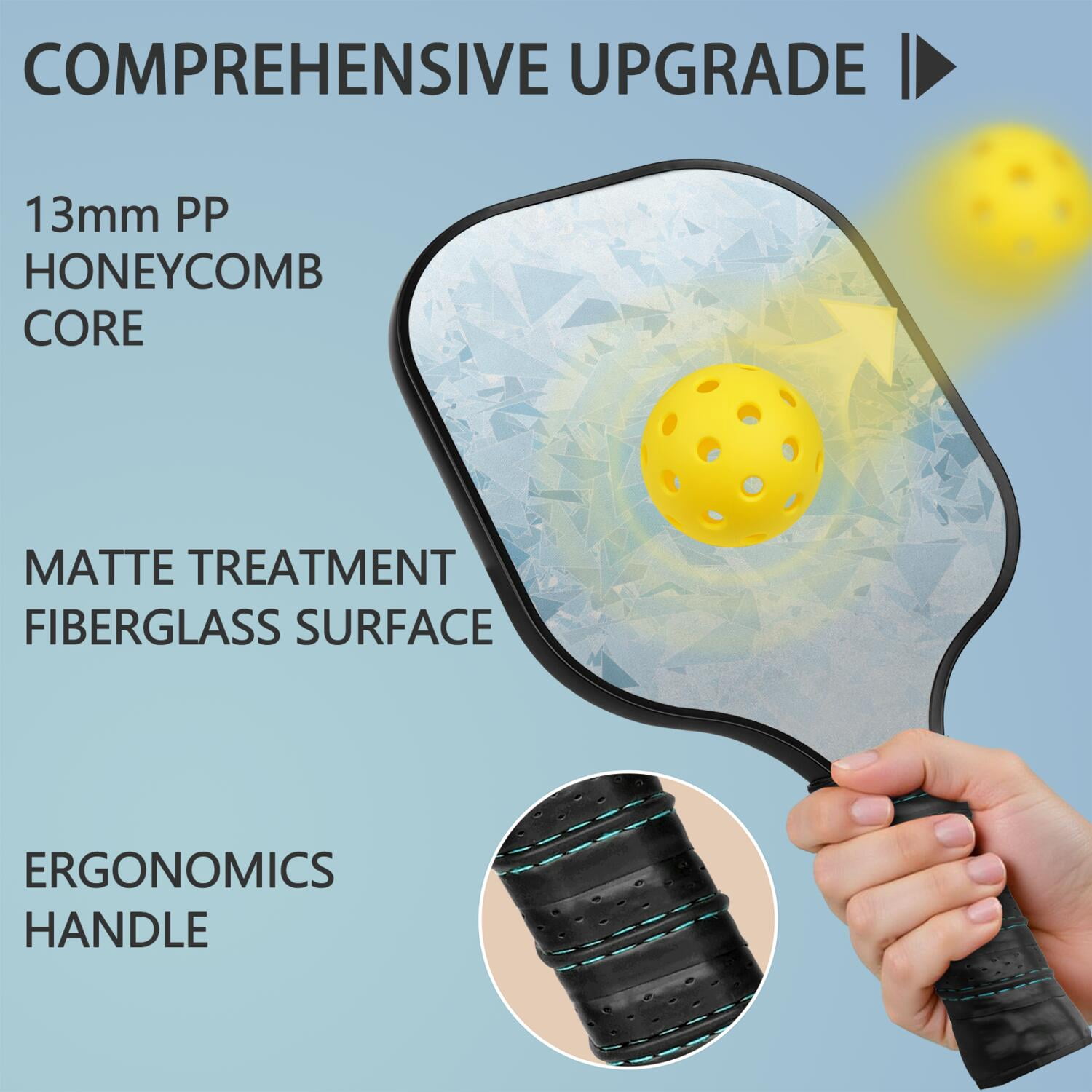 Pickleball Paddles Set Of 1, Fiberglass Surface, Ice Crystal Print, 1 Paddle, 2 Balls & Bag