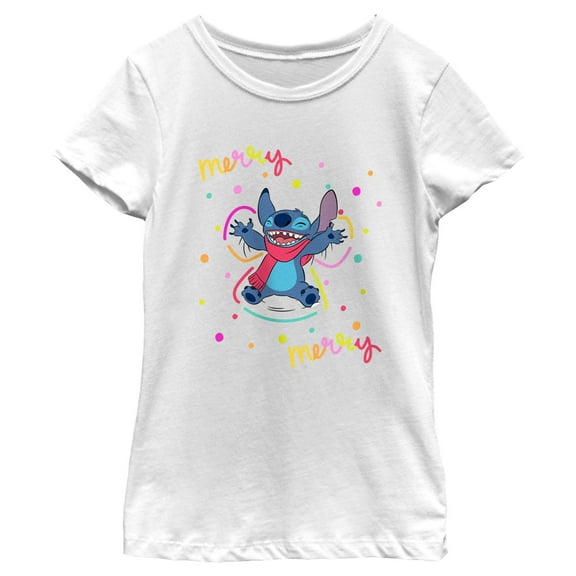 Girl's Lilo & Stitch Christmas Merry Merry  Graphic Tee White Medium