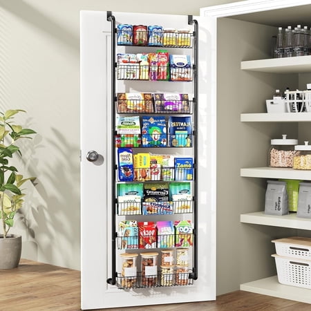 SUNALLY Over The Door Pantry Organizer, 8-Tier Pantry Organization and Storage, Metal Hanging Spice Rack for Kitchen, Laundry, Bathroom, Back of Door Seasoning Rack 8 Baskets, Black