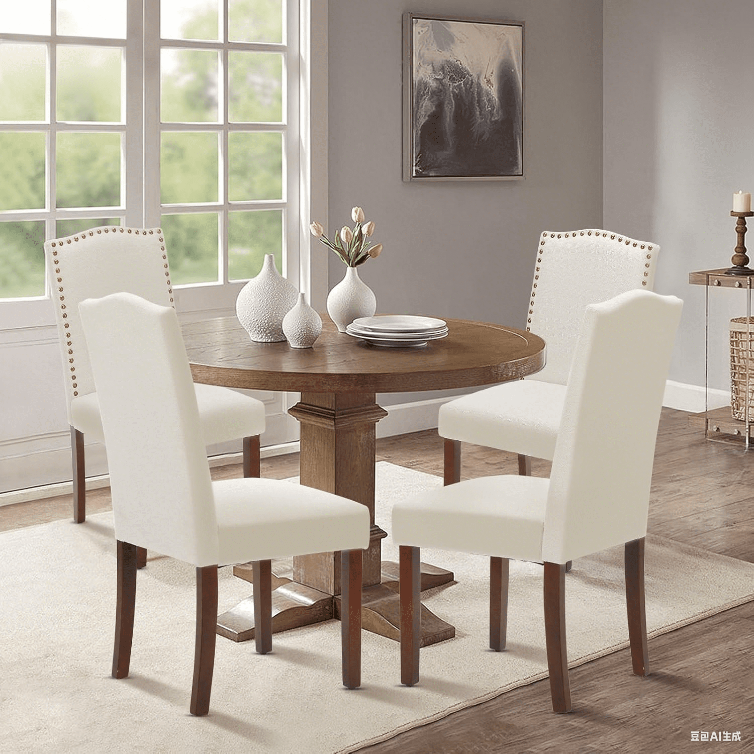QUIOCOZY Upholstered Parsons Dining Chair, Faux Leather Dining Room Chair with Solid Wood Legs and Nailhead Trim, Side Chair for Hotel, Restaurant, and Meeting Room, Set of 2, Beige