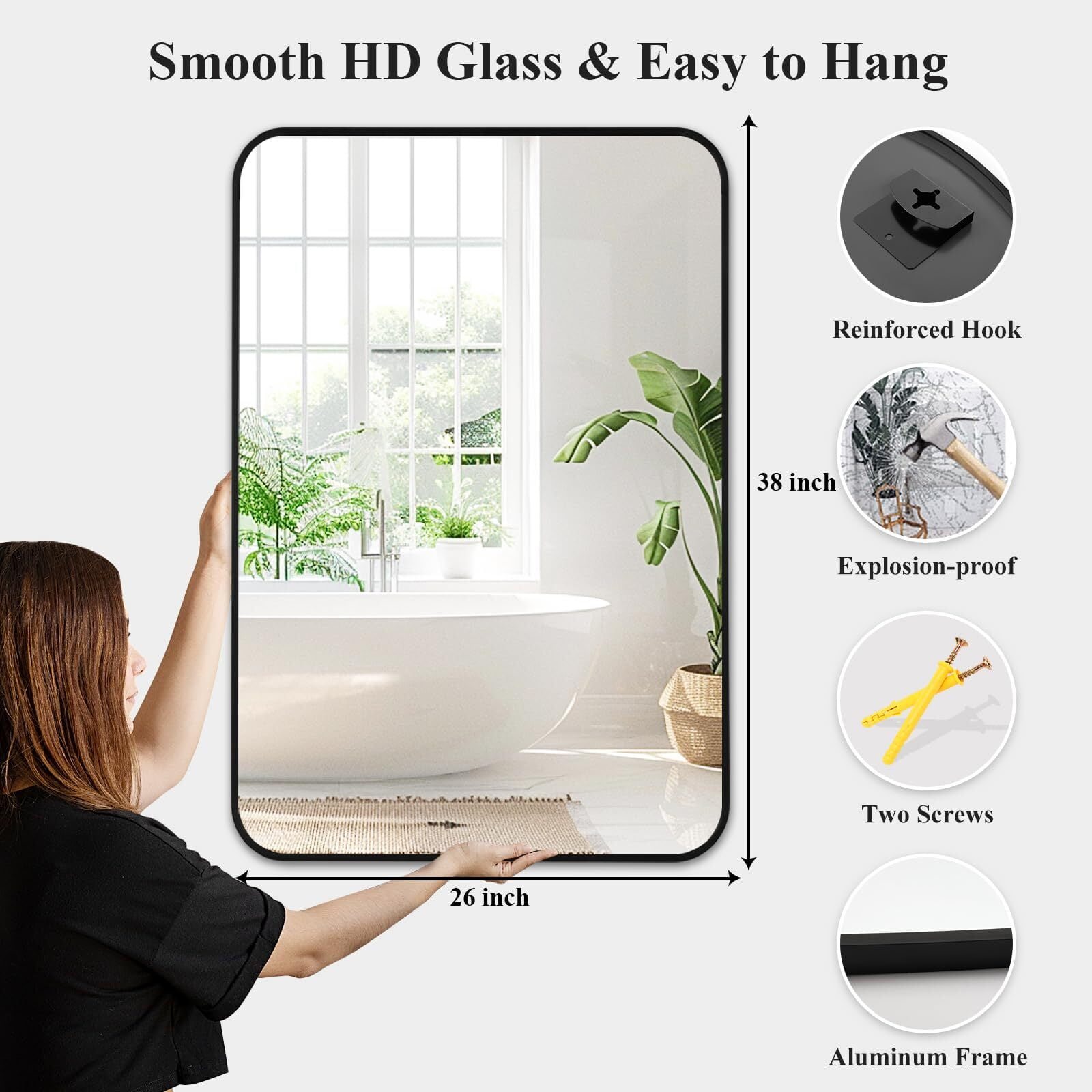 Lumora Big Bathroom Mirror - 38"x 26.2" Wall- Mounted Mirror with Round Edge, Large Rectangular Vanity Black
