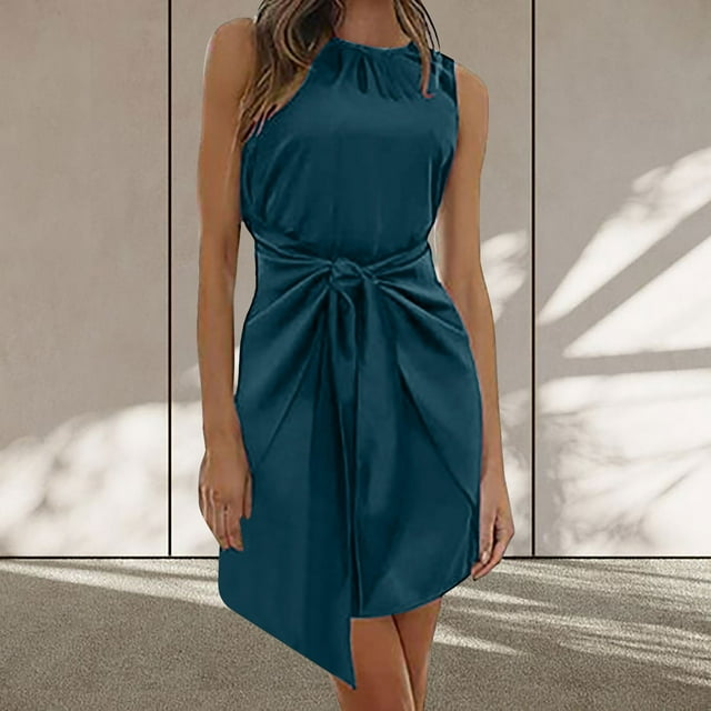 Mefallenssiah Femmes Été Sans Manches Col Rond Couleur Unie Dentelle Robe