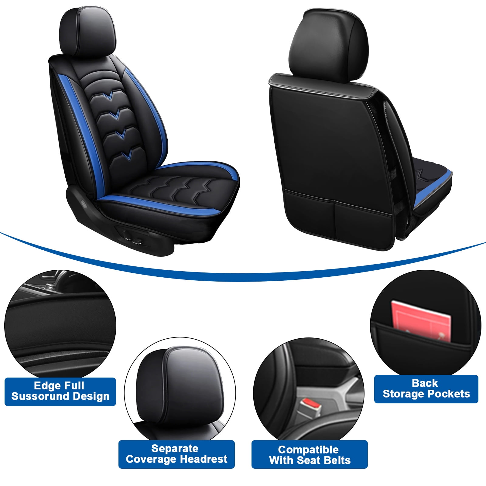 FANOTEK Custom Fit for Chevrolet Trax 2015-2021 Car Seat Cover, Breathable Faux Leather Full Set Seat Cushion with Airbag Compatible Black Blue