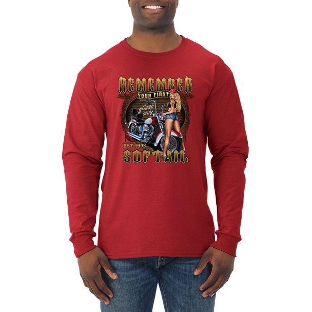 Wild Bobby, Remember Your First Soft Tail Bike Hot Babe Cars and Trucks  Mens Long Sleeve Shirt, Red, Medium