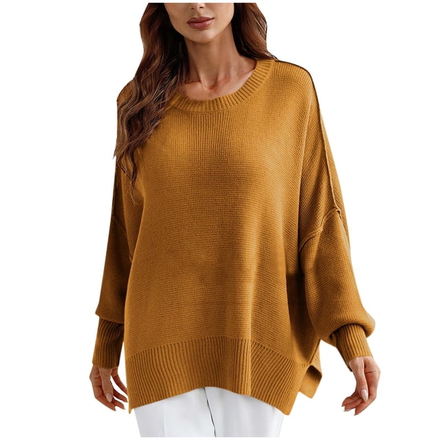 PEONAVET Chandail à Col Rond pour Femmes Mode Féminine Décontractée Ample Grande Taille Manches Longues Chandail Tricoté Chandail à Col Rond
