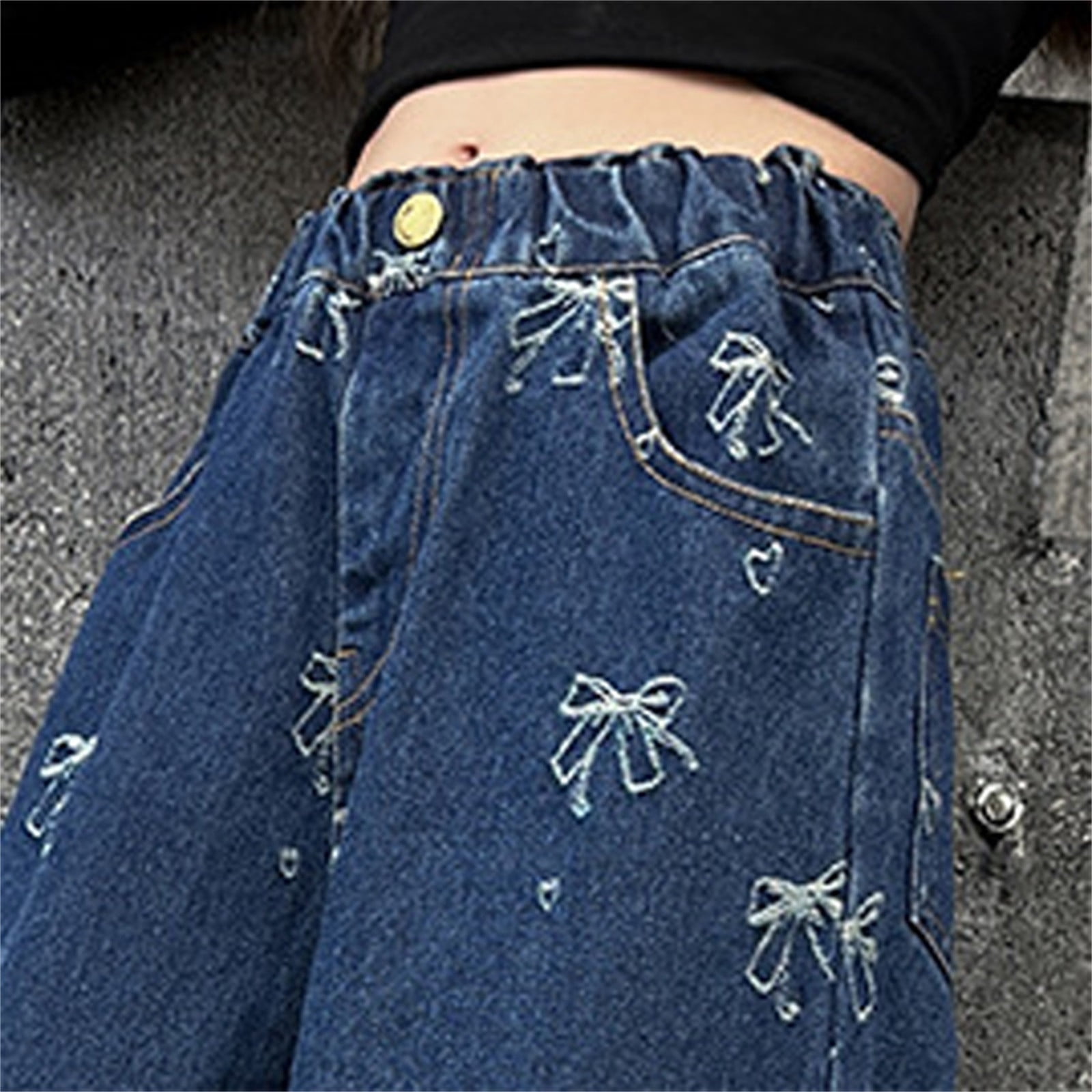 Girls Jeans Size 7 Cute Print Elastic High Waist Jeans Wide Leg Loose Denim Pants Baggy Denim Pants Trousers Blue,12-13 Years