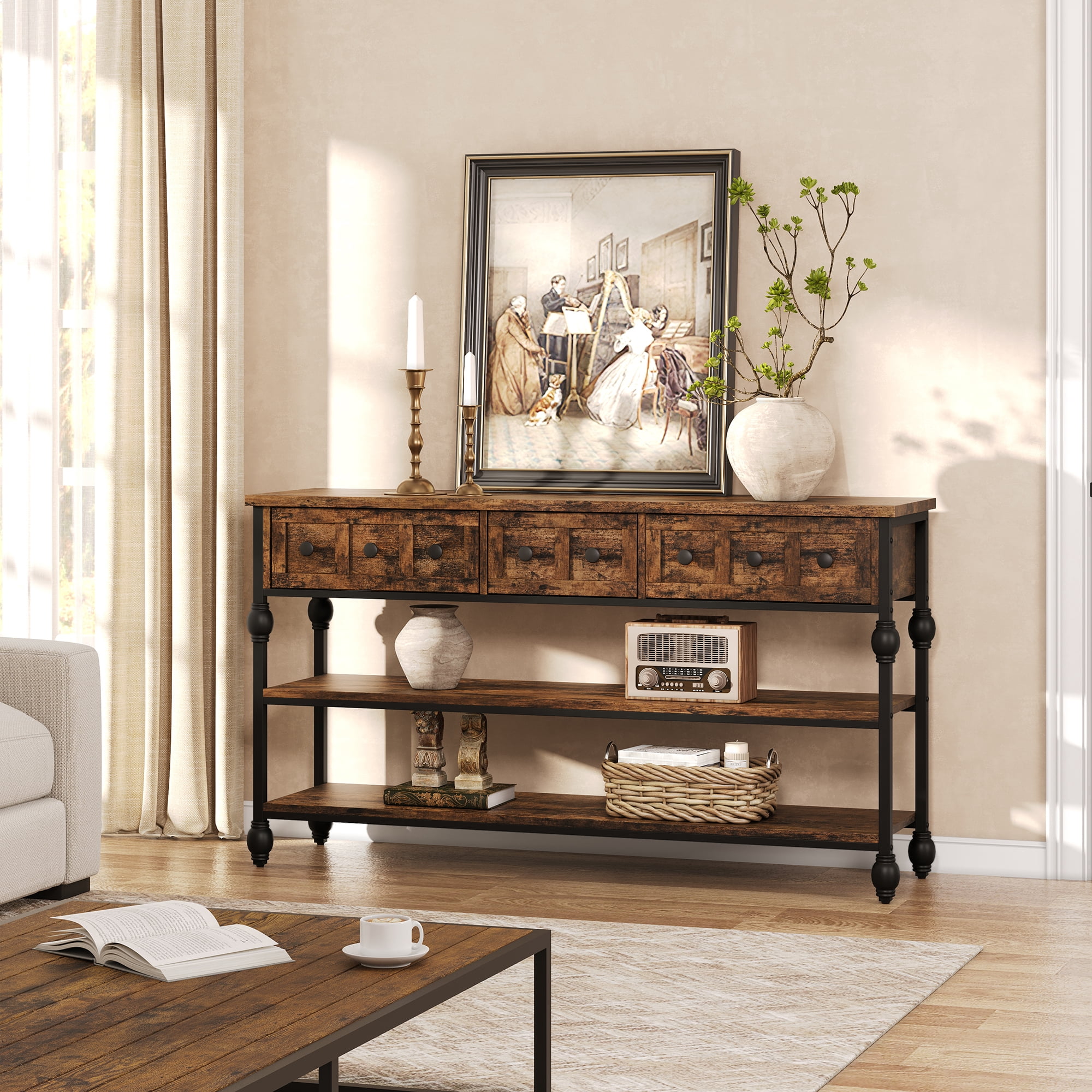 52.5 Inch Long Console Tables for Entryway with 3 Drawers, 3-Tier Industrial Metal Frame Sofa Table with Roman Column Legs for Hallway, Living Room, Foyer, Retro