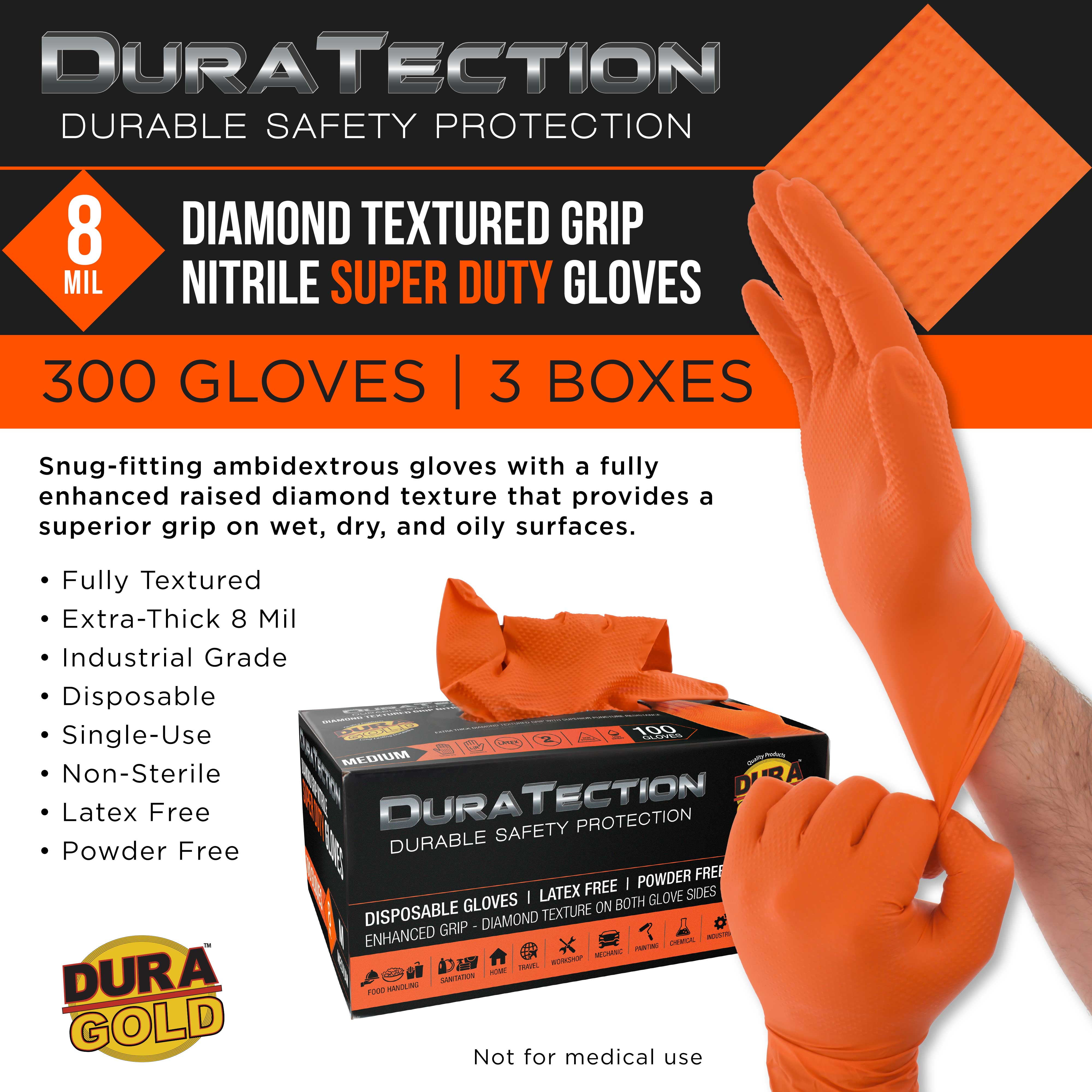Dura-Gold Duratection 8 Mil Orange Super Duty Diamond Textured Nitrile Disposable Gloves, 3 Boxes of 100, Medium - Latex Free, Powder Free, Food Safe, Safety Protection Work Gloves, Industrial