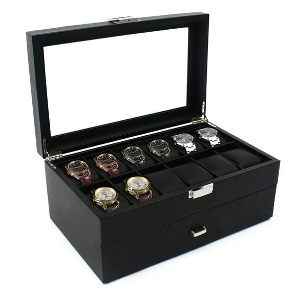 24 Slots Watch Box Men Watch Storage Box, Large Jewelry Display Case Organizer Holder Black, 2 Layer Watch Case Display Box Jewelry Organizer
