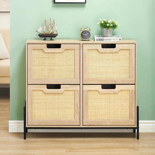 Shoe Cabinet with 4 Flaps, Rattan Shoe Rack with 3 Adjustable Shelves, Shoe Chest for Hallway, Entryway
