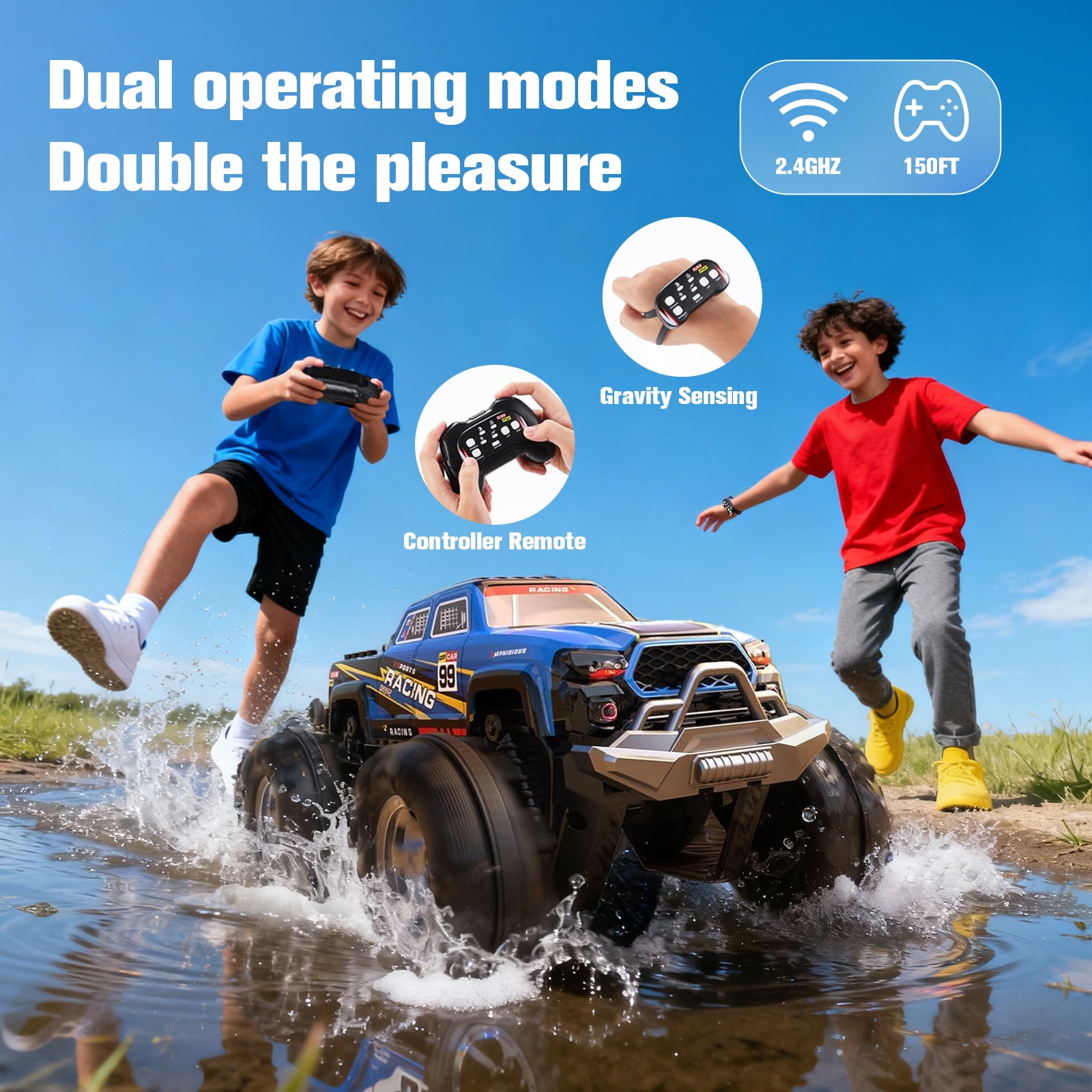 Amphibious RC Monster Truck/Boat, IPX7 Waterproof Remote Control Car, 2.4GHz 4WD RC Car 360°Rotation,LED Light,40mins Play RC Truck Toys for Kids Boys 6-12