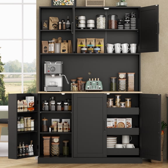 Modern Kitchen Pantry Cabinet with Microwave Shelf, 3 Pull-Out Drawers & Door Shelves, 71" Tall Food Storage Cabinet, Black