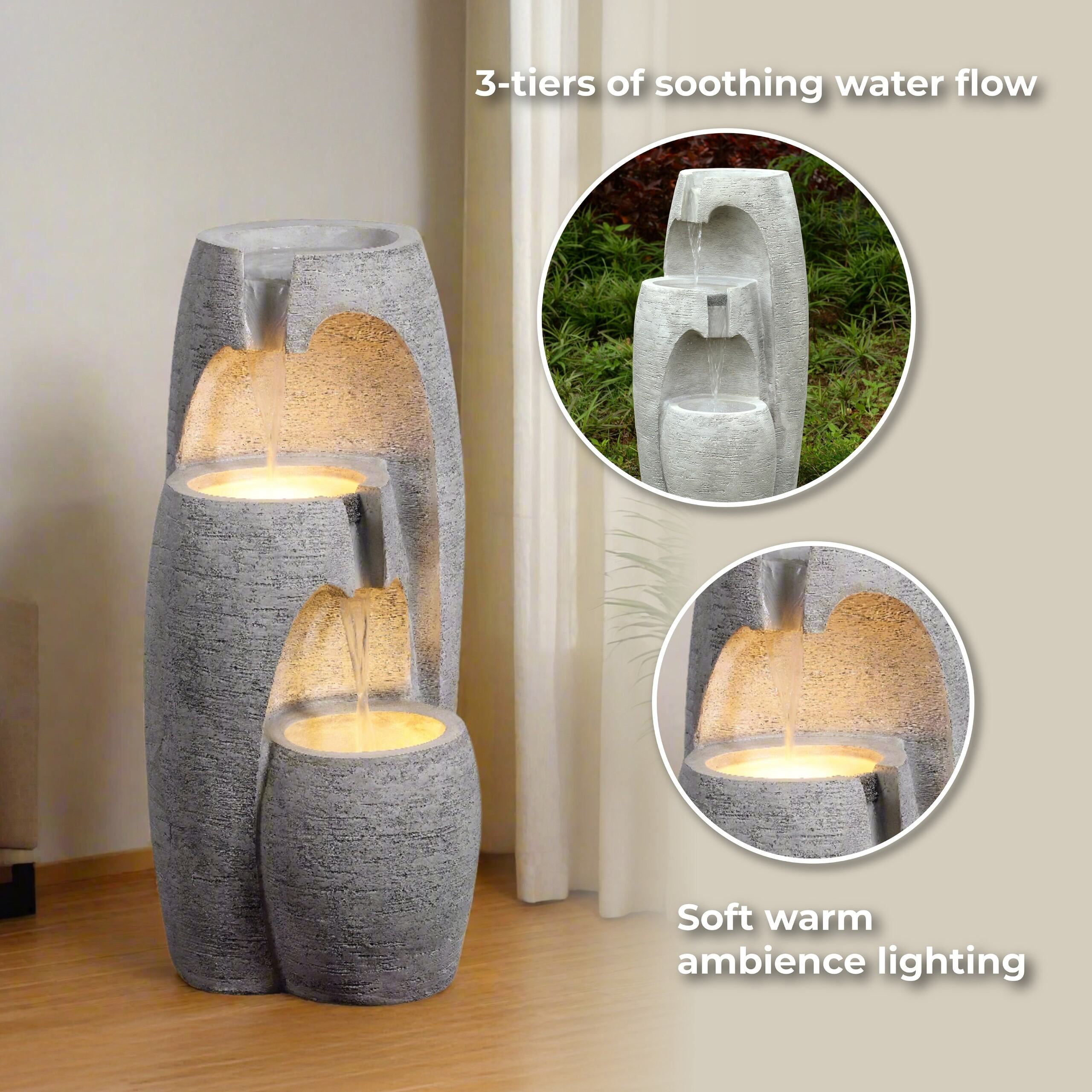 Teamson Home 3-Tier Cascading Urn Outdoor Water Fountain, Warm Glow Lighting with Adjustable Flow & Electric Pump, Gray