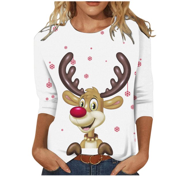 Tops Navideños Para Mujer Blusas Moda Impreso Camiseta Suelta 3 4 Mangas Cuello Redondo Casual Odeerbi ODB191460