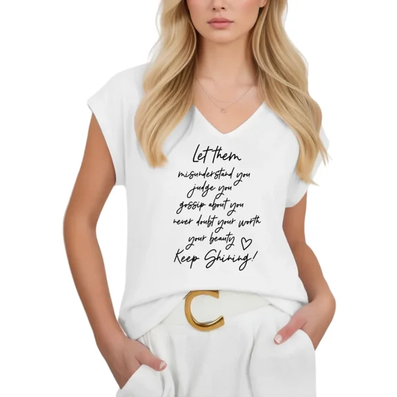 Cozymy Women's Handwritten Keep Shining Quote V-Neck Sleeveless T-Shirt Casual Relaxed Fit Tank Top