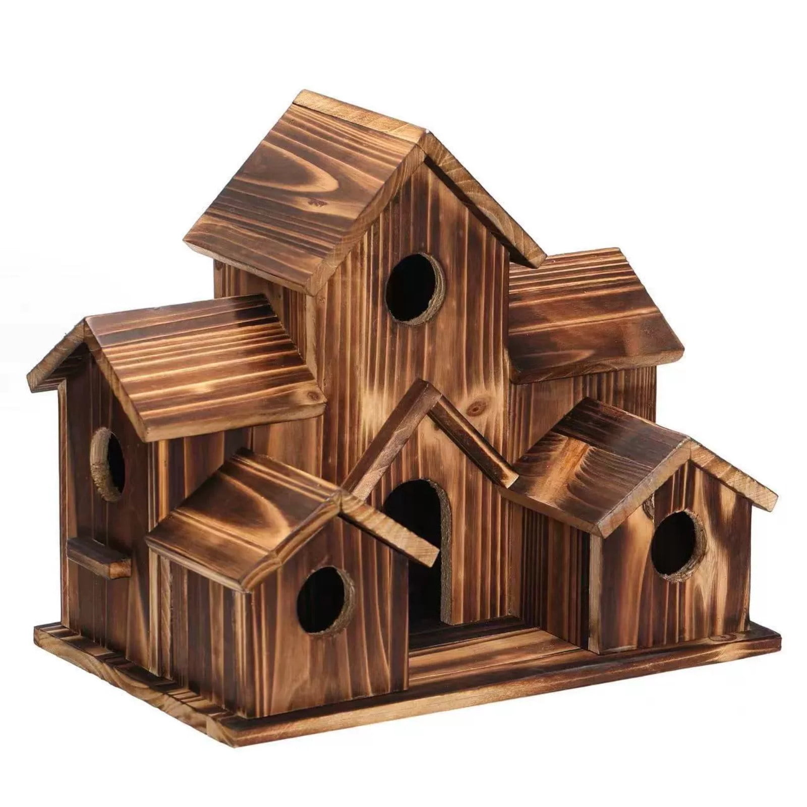 LWVITH Wooden Bird House for Outdoor with 6 Rooms Solid Wood Bird Feeder for Garden Hanging Cottage Style Bird Nest for Backyard Patio Natural Wood Birdhouse 30cm for Wild Birds