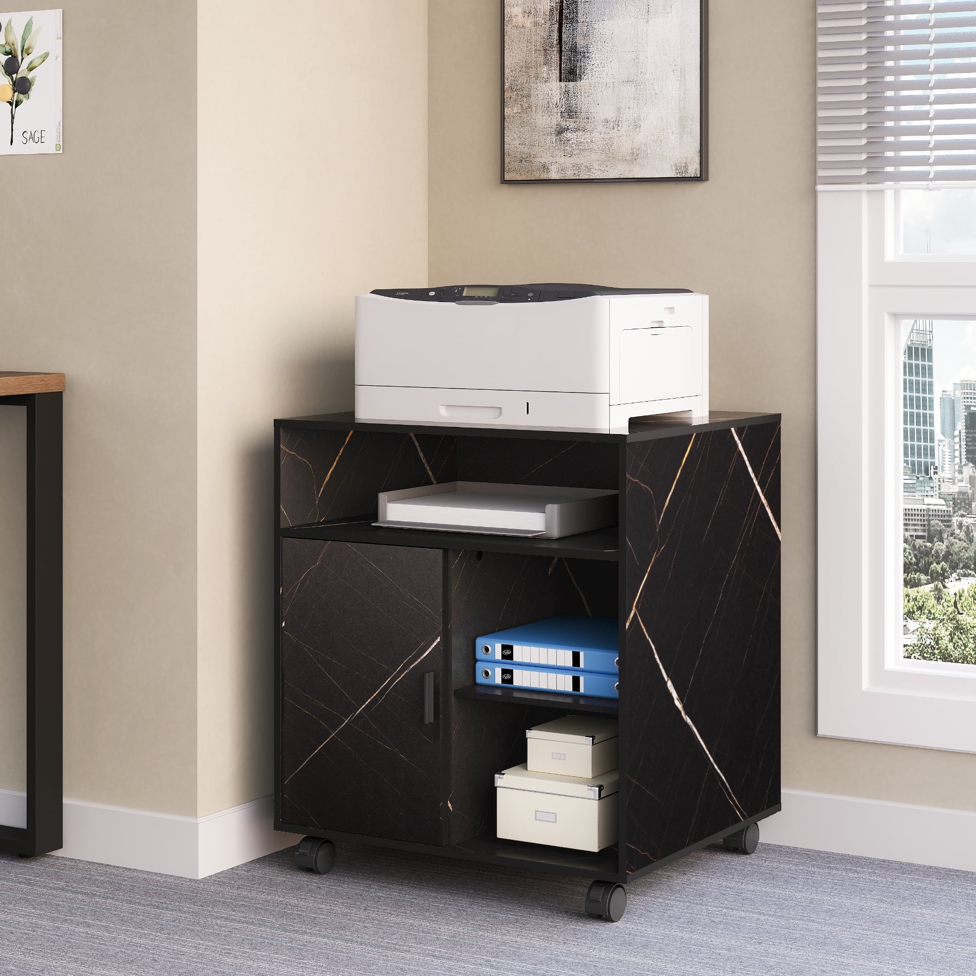 FITUEYES Large File Cabinet with Storage Adjustable Shelves, Wood Mobile Cart with Door, Rolling Printer Stand on Wheels for Home Office, Stone Black