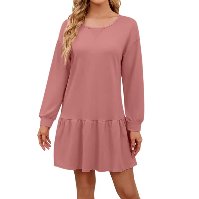 Women's 2024 Fall Long Sleeve Pullover Dress - Crewneck Rib Knit and Patchwork Design