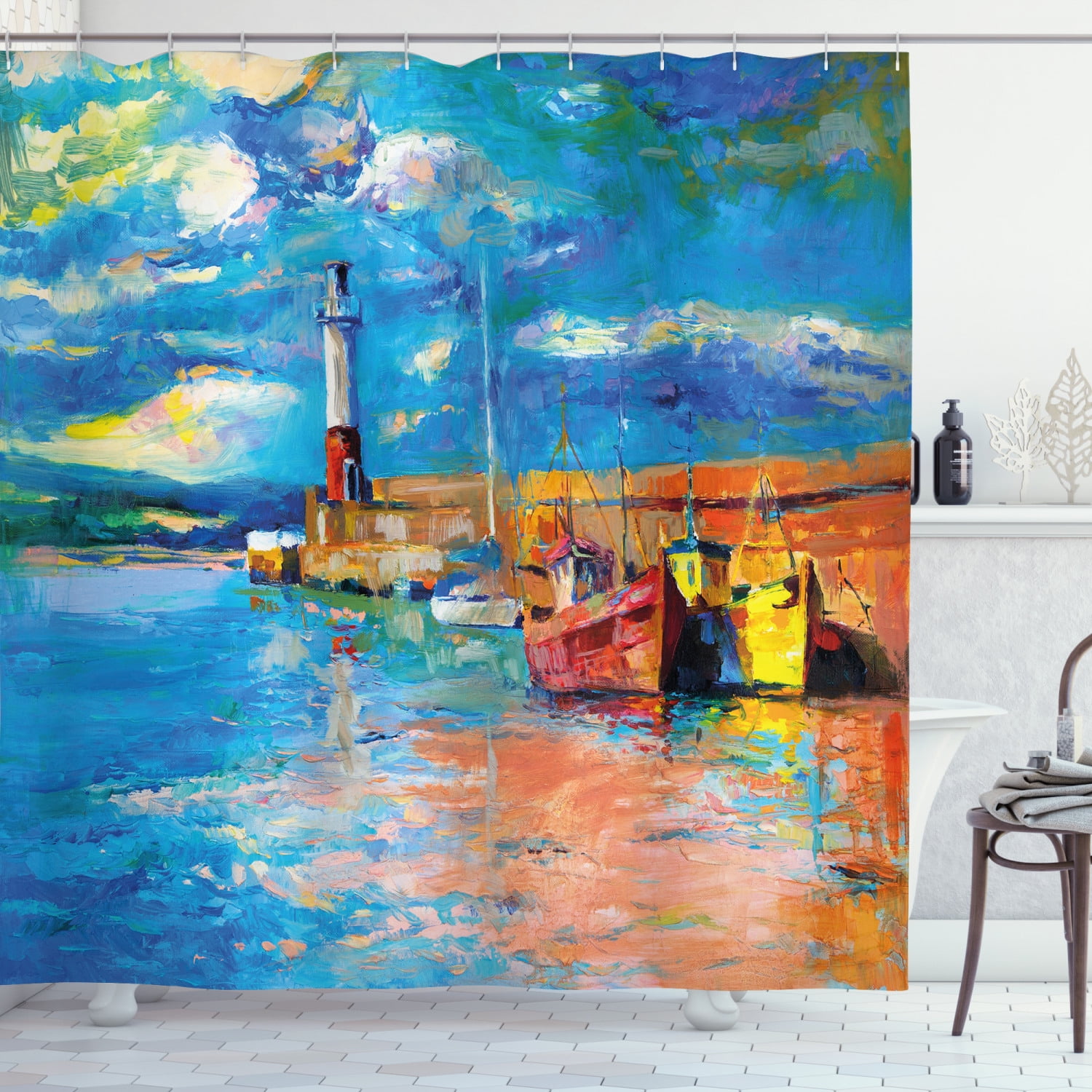 Lighthouse Floral Ocean Cottage Scene Fabric Shower Curtain 70x70 Kinkade-Style 