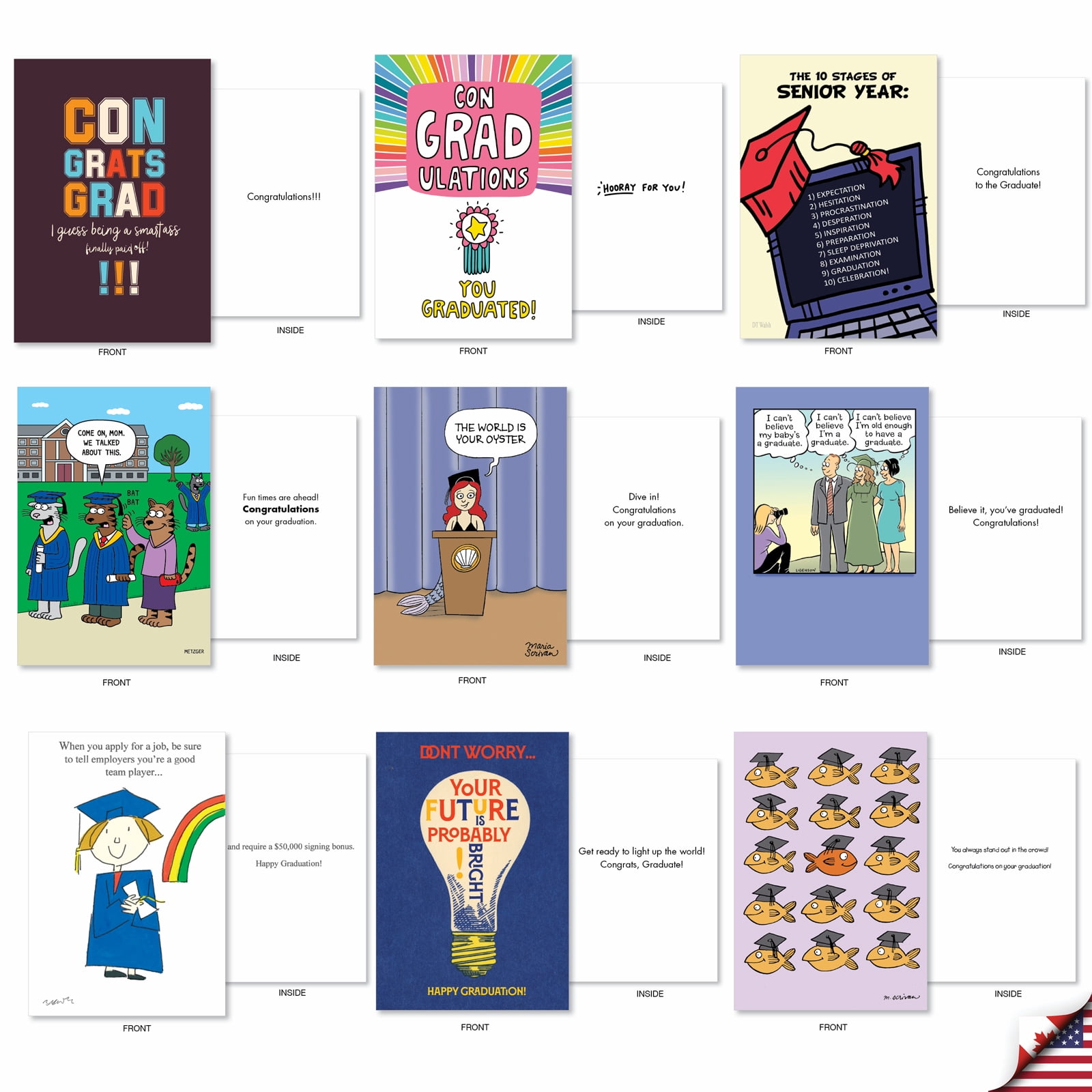 NobleWorks 36 Assorted Box Set Funny Graduation Greeting Cards (Graduate) w/5 x 7 Inch Envelopes (36 Designs, 1 Each) Great Grads AC10366GDG-B1x36