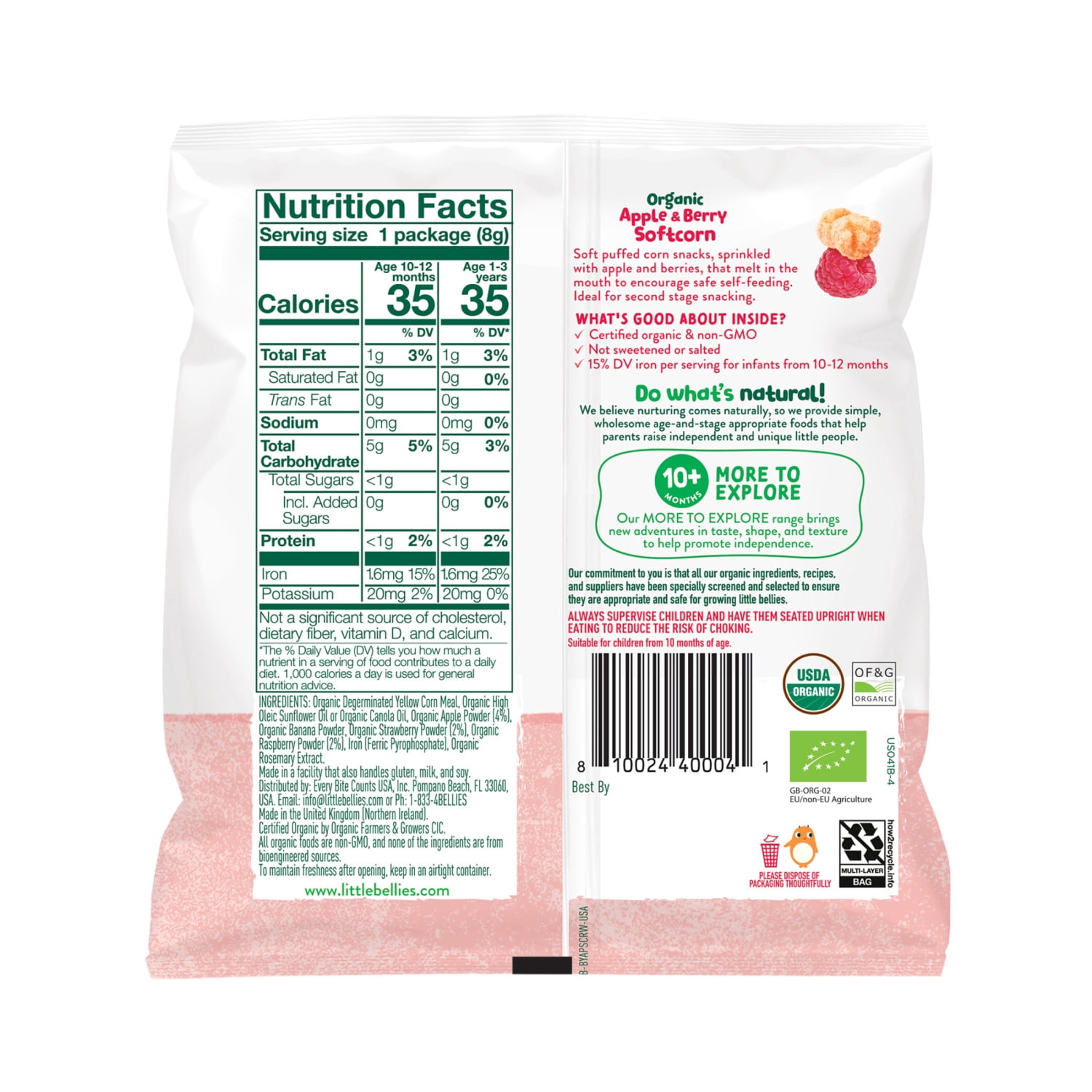 Little Bellies Baby Bellies Organic Apple & Berry Softcorn Snack, 0.28 oz Bag