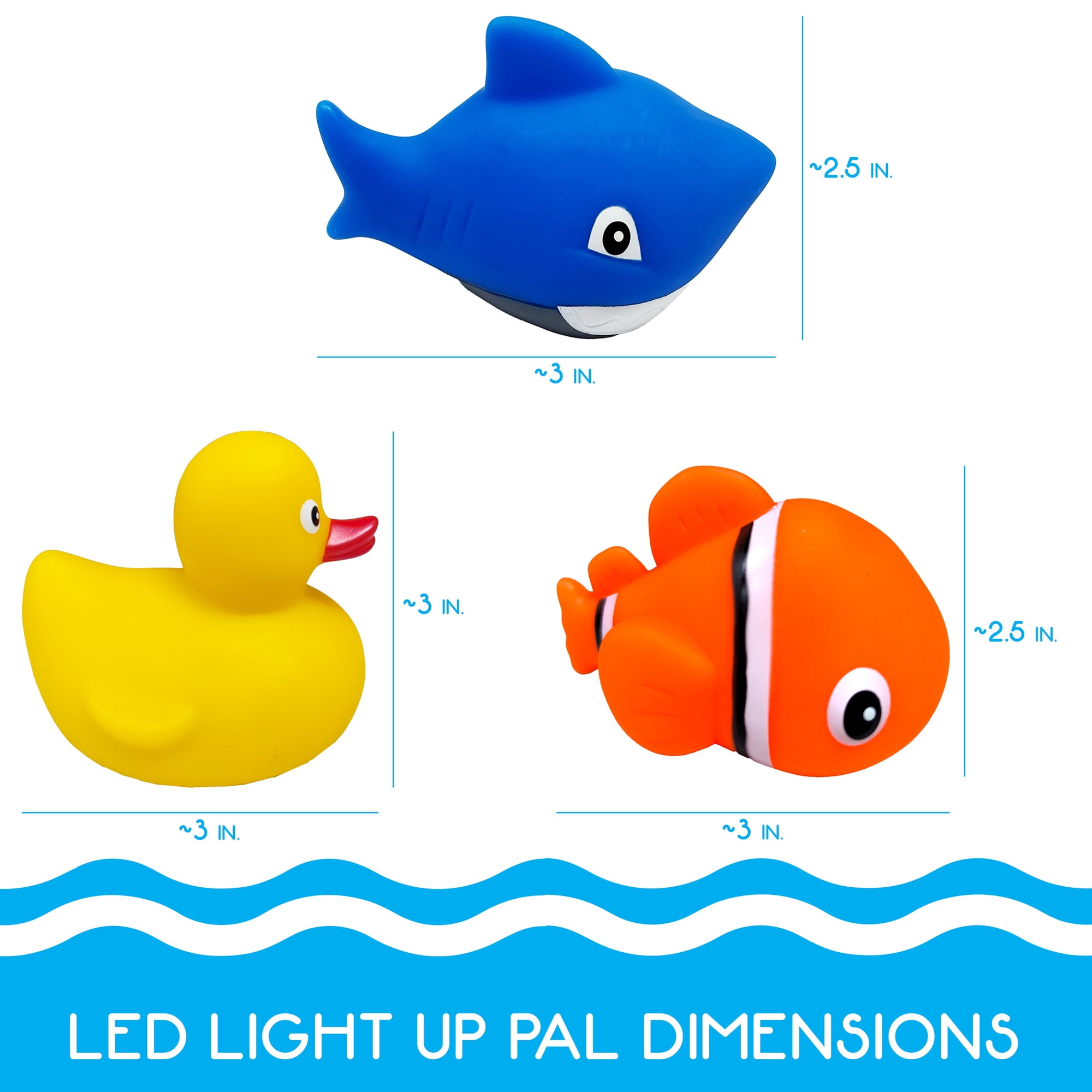 RIPLE: LED Light Up - Pal - 1pc Assorted Style - Duck, Shark Or Clownfish - Character Pool Toy, Floating Water Buddies, Bath Play, Auto Light, Kids 3+