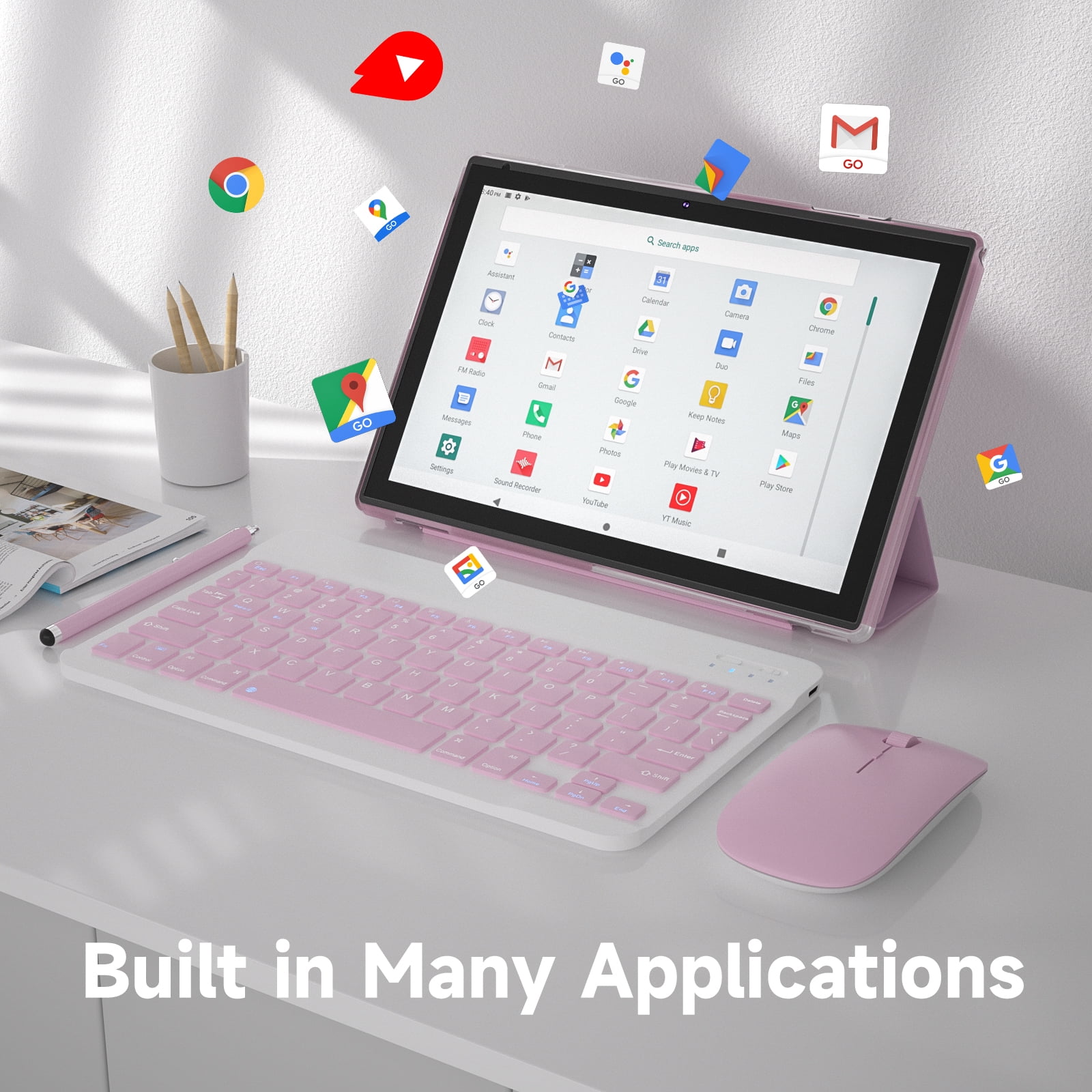 10 inch Android 14 Tablet with Keyboard, 2 in 1 Tablets Set Include Case Mouse Stylus Film, 8GB RAM+64GB ROM, Quad Core 10.1'' Tab, 6000mAh Battery, 8MP Dual Camera, Google GMS Tableta, Pink