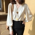 thumbnail image 4 of Camisa de mujer Cuello en V Verano Color sólido Linterna Manga larga Botón Top, Albaricoque, XXL Noticed AP001446-10, 4 of 7