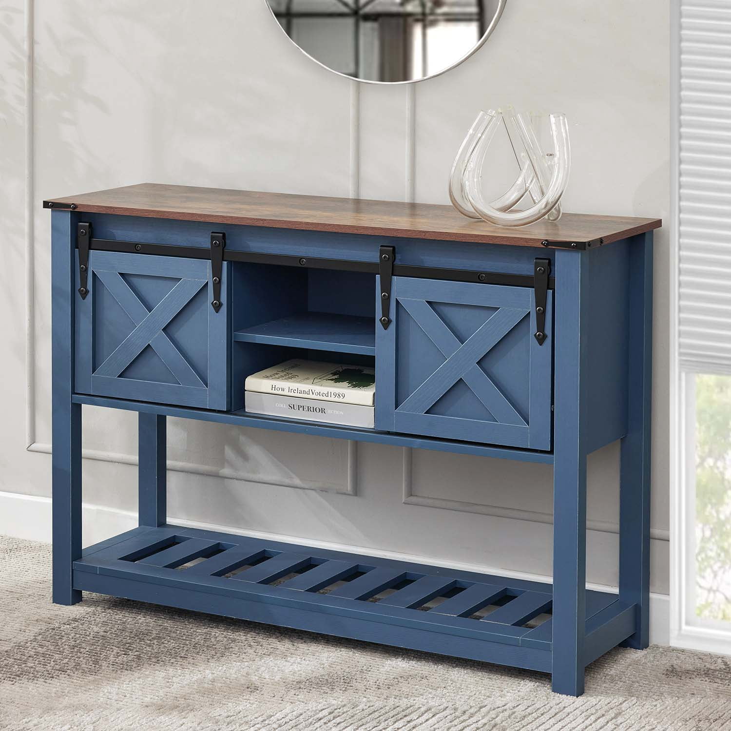 Entryway Table with Storage Shelf, Sliding Barn Doors Console Table for Living Room Hallway, Blue