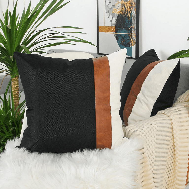 Set of 2 Faux Leather and Linen Throw Pillow Cover 18x18 inch