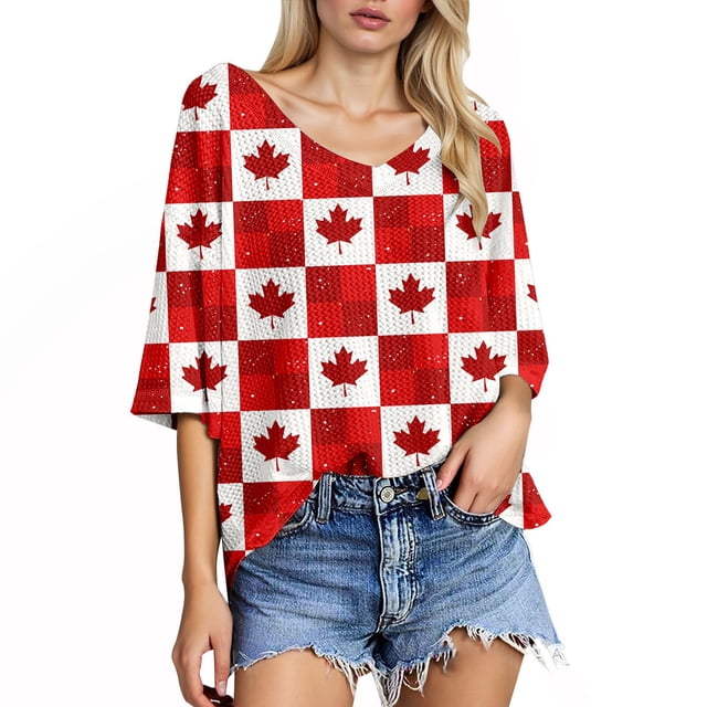 PMVFHDE Plus Size Summer Tops Comfortable Round Neck Texture Design Canada Day Celebrations Easy Pairing With Jeans Red,L
