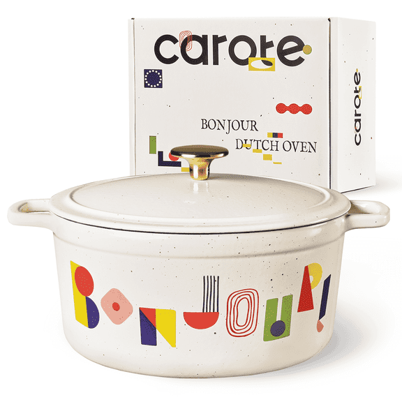 CAROTE 5QT Enamel Cast Iron Dutch Oven, 9.5 Inch Round Soup Pot with Lid, Induction Compatible,Colorful