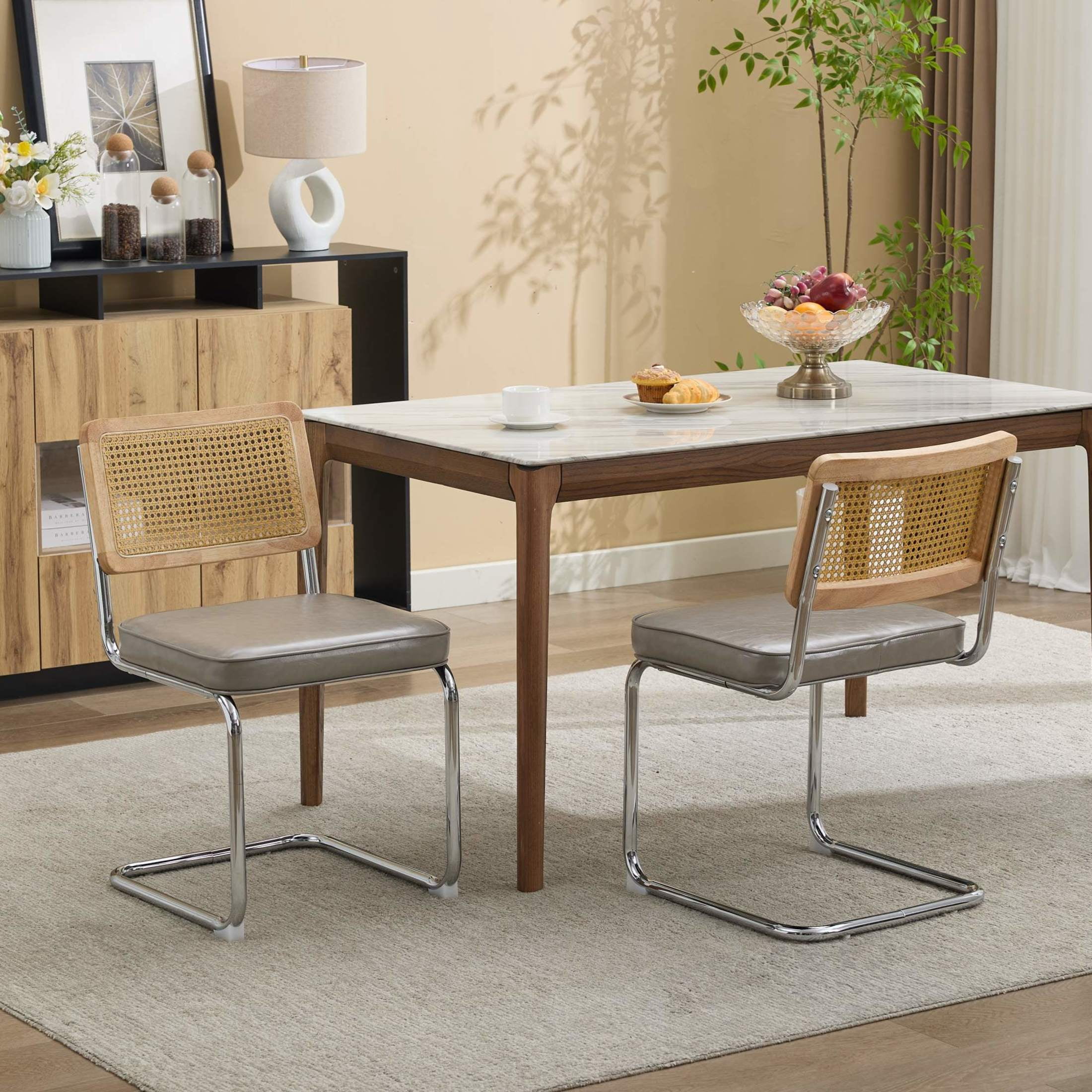 GDF Studio 23.2" Dining Chairs Set of 2 with PU Upholstery, Natural Cane Back & Chrome Metal Base, Gray