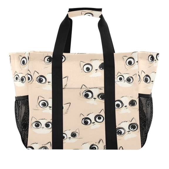 Reusable Grocery Bags with Handle Side Pocket Waterproof Shopping Portable Tote Cartoon Cute Cat Eye