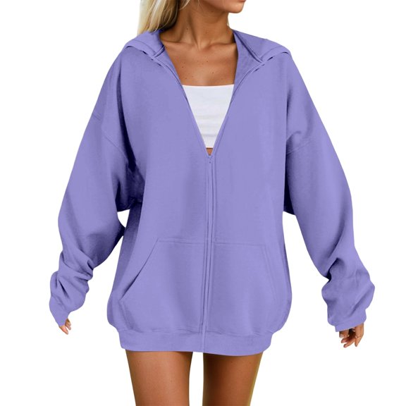 Women Solid Color Hoodies Sweatshirts Jacket Coat Sweatshirts Coat Long Sleeve Pullovers Light Purple L