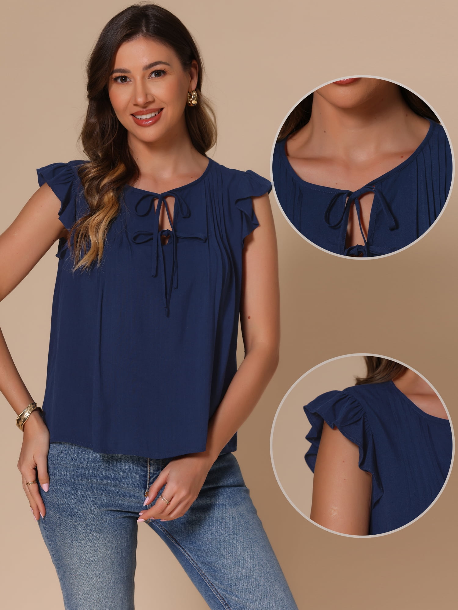DARING DIVA Women's Ruffle Short Sleeve Front Tie V Neck Cute Blouses L Dark Blue
