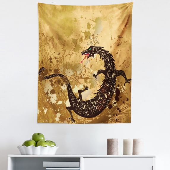 Dragon Tapestry, Reptile Dragon Grunge Floral Ornate Retro Image, Fabric Wall Hanging Decor for Bedroom Living Room Dorm, 5 Sizes, Pale Caramel Sand Brown, by Ambesonne
