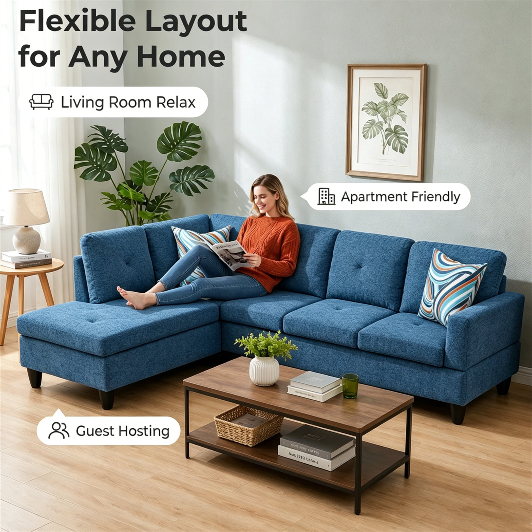 Aukfa 97" Classic Sectional Sofa 4 Seat L shape Couch for Living Room, 2Pillows, Oversized Left Chaise, Linen, Blue