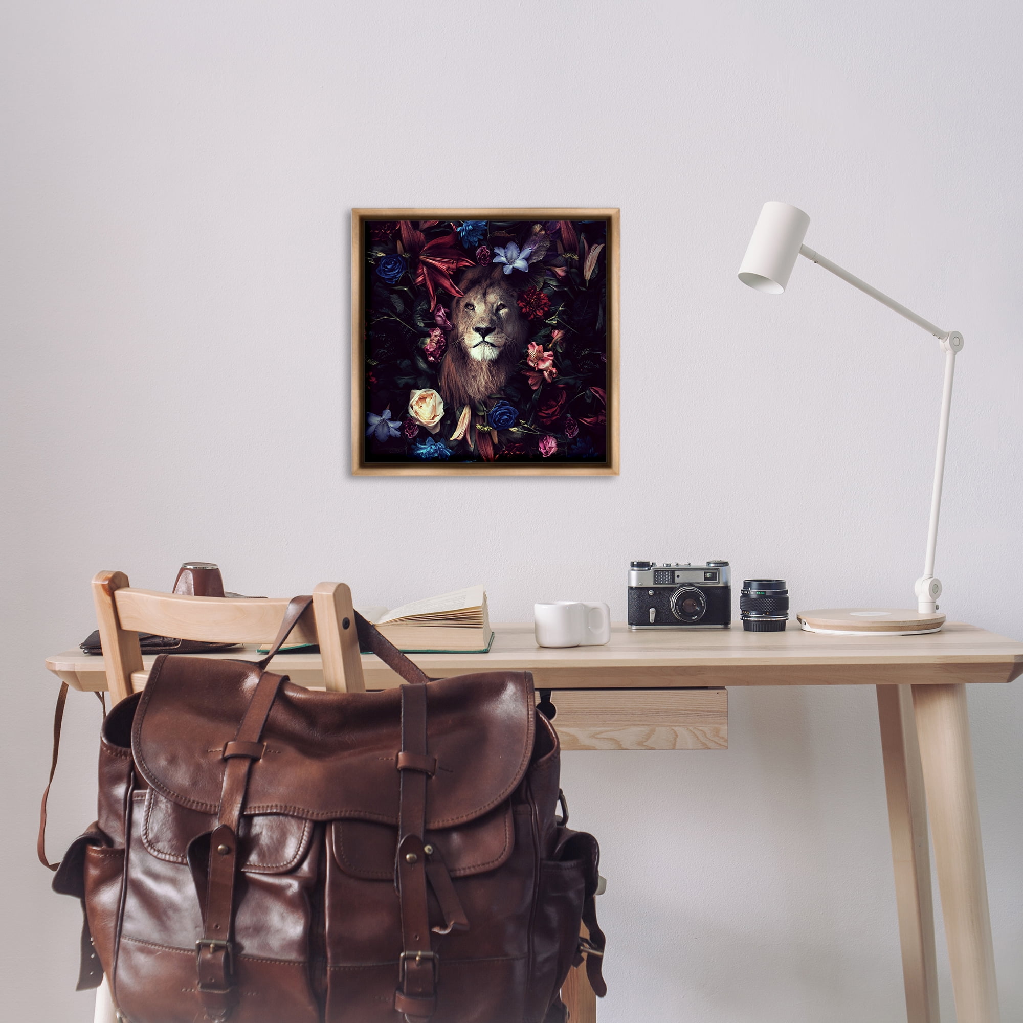 Stupell Industries Lion & Dark Blooms Animals Painting Brown Floater Framed Canvas Art Print Wall Art, 25 x 25