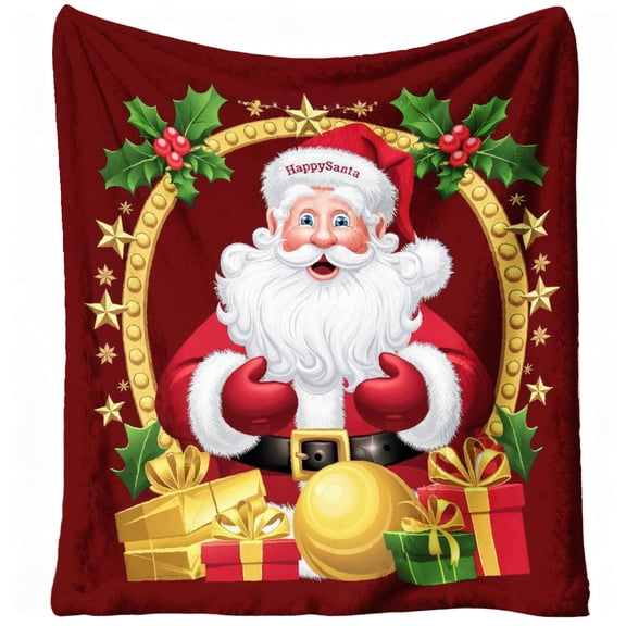 1pc Santa Claus Flannel Blanket - Soft & Warm 280gsm Heavyweight All-Season Bedspread with Festive Santa & Holly Print, Red Green Christmas Design