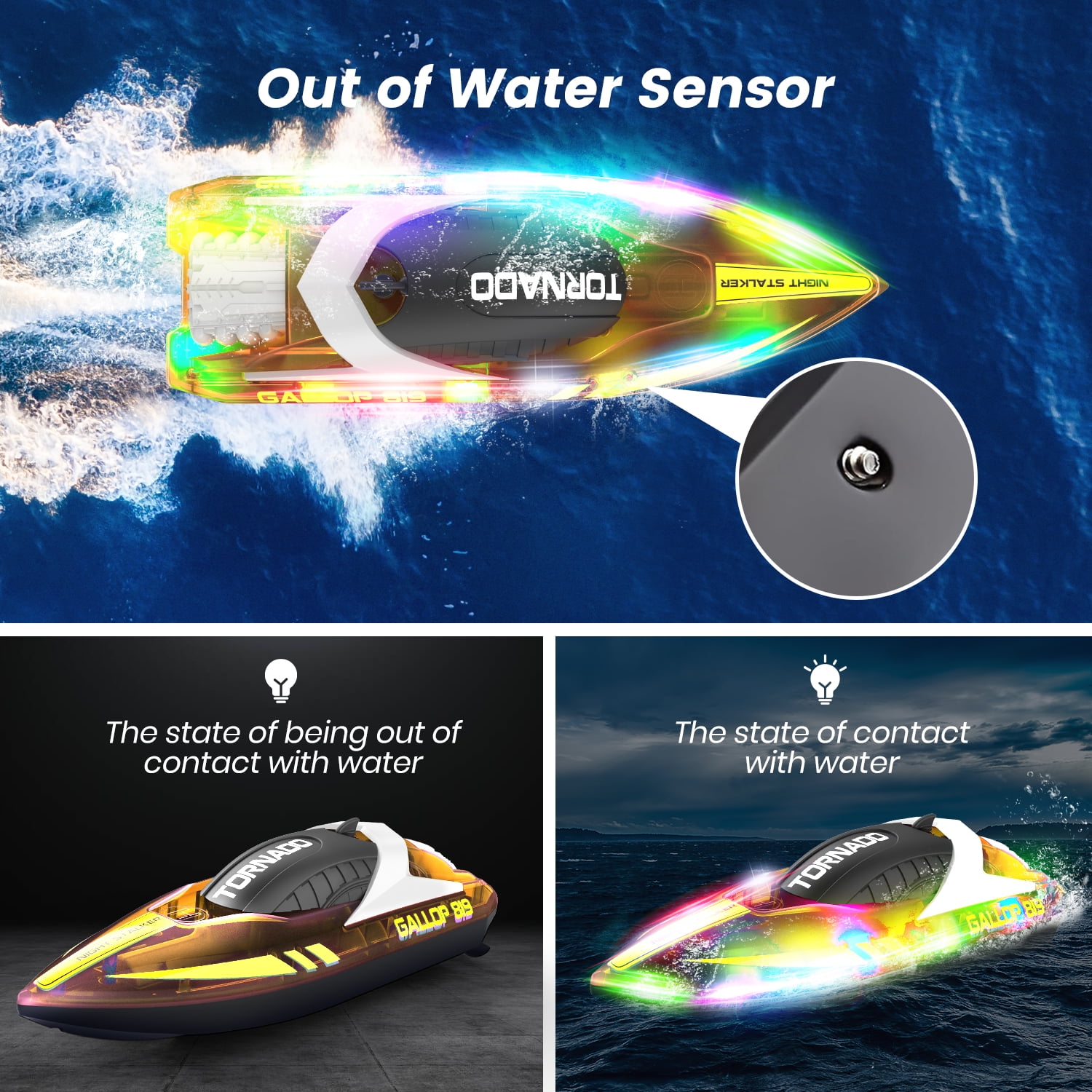 JoyStone RC Boat for Pools and Lakes, 2.4G Remote Control Boat with LED Lights, Racing Boats for Kids & Adults with 2 Rechargeable Battery, Gifts for Boys Girls (Orange)