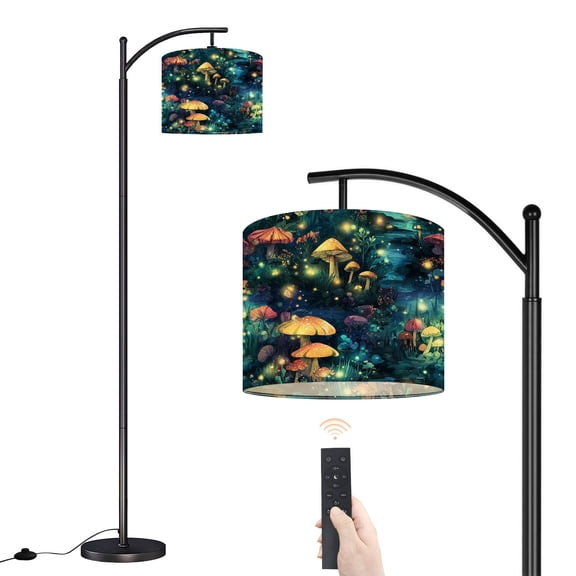 Arc Floor Lamp with Adjustable Lampshade Magical Forest Glowing Mushrooms Fireflies Standing Lamp 3 Color Temperatures Dimmable Tall Pole Lamp with Foot Switch for Bedroom