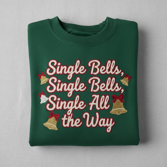 Single Bells Single All The Way Embroidered Sweatshirt, Funny Christmas Hoodie, Sarcastic Single Life Xmas Sweater, Holiday T-shirt
