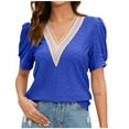 thumbnail image 1 of RYRJJ Women's Summer Dressy Tops Casual Guipure Lace Puff Sleeve Blouses Short Sleeve V Neck Cute Eyelet Loose Hollow T-Shirts(Blue,XL), 1 of 5