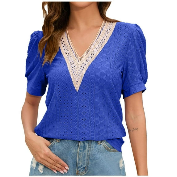 RYRJJ Women's Summer Dressy Tops Casual Guipure Lace Puff Sleeve Blouses Short Sleeve V Neck Cute Eyelet Loose Hollow T-Shirts(Blue,XL)