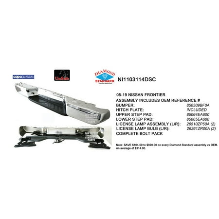 REAR STEP BUMPER ASSEMBLY; CHROME; WITHOUT PARK ASSIST SENSOR HOLES; INCLUDES BUMPER/REINFORCEMENT/BOTH PADS AND LICENSE LAMPS; MADE OF