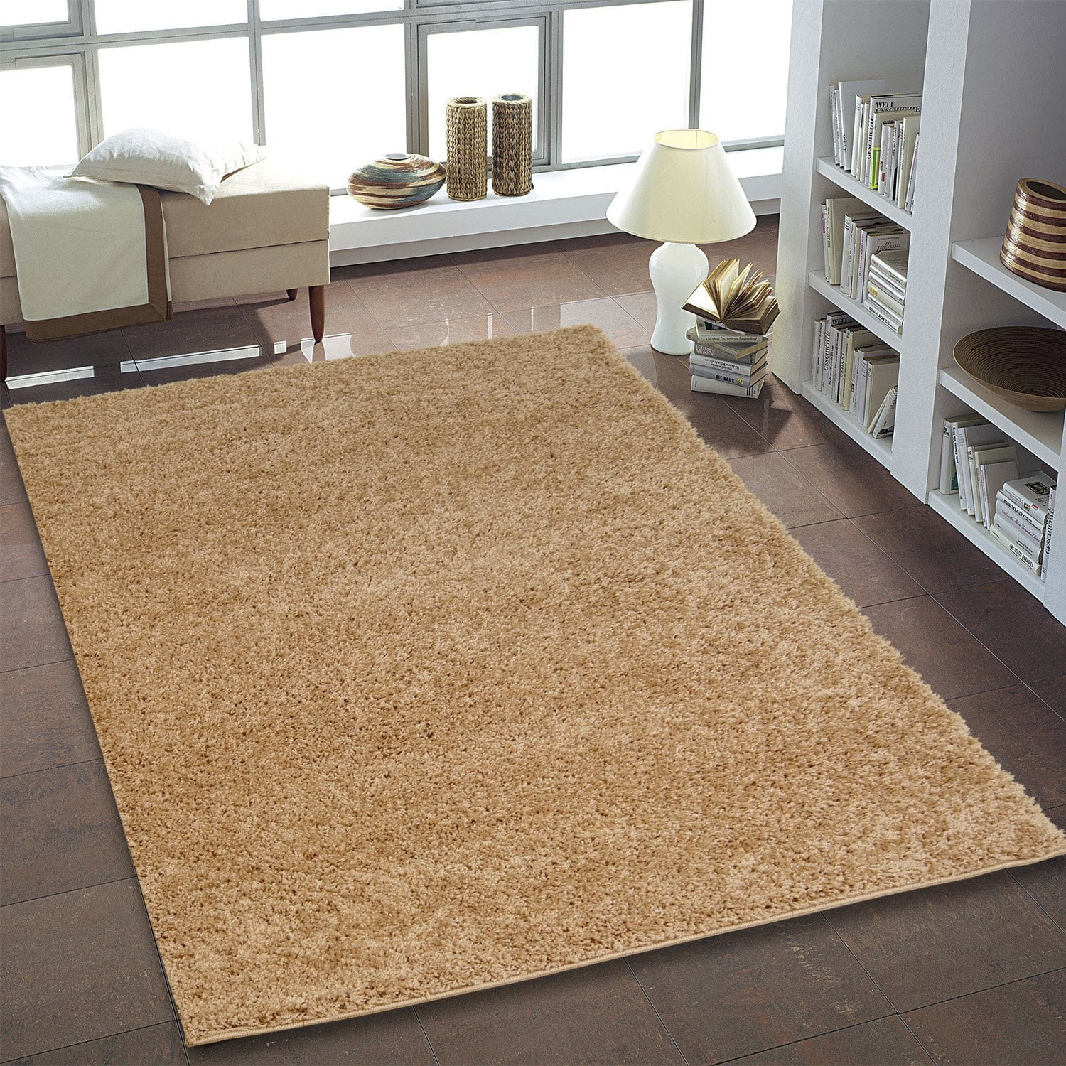 Ladole Rugs Shaggy Collection Soft indoor Solid Area Rug Carpet in Beige, 5x8 (5'3" x 7'6